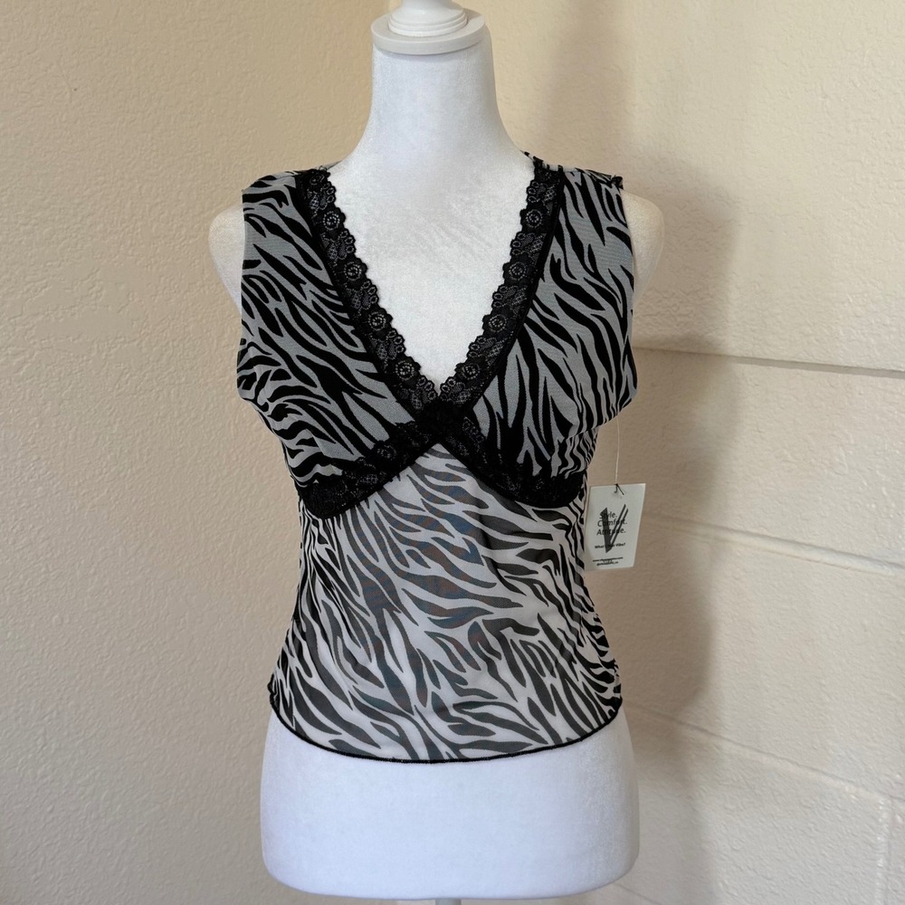 Vibe Sportswear Mesh Tank Top Womens Large Black White Zebra Print Lace V-Neck